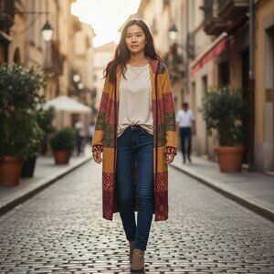 BKE Long Open-Front Cardigan in Mustard and Burgundy